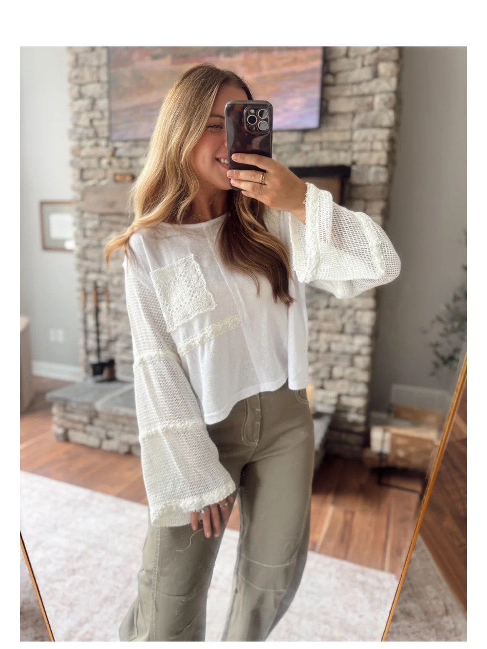 POL White Crochet-Paneled Bell Sleeve Top